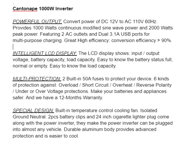 Features of Cantonape 1000W Power Inverter