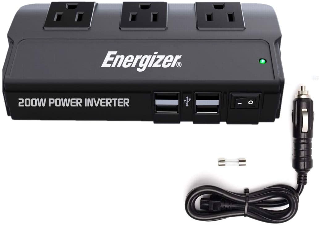 Energizer 200 Watts Power Inverter 12V to 110V, Modified Sine Wave Car Inverter, DC to AC Converter with Three 110 Volts AC Outlets and 4 USB Ports 2.4A ea - ETL Certified Under UL Std 458