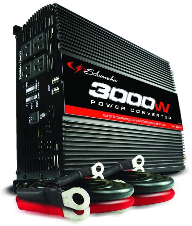 Schumacher DC to AC Power Inverter with 120V AC Outlets and USB Ports - 3000 Watts - Power Directly Connects to Battery