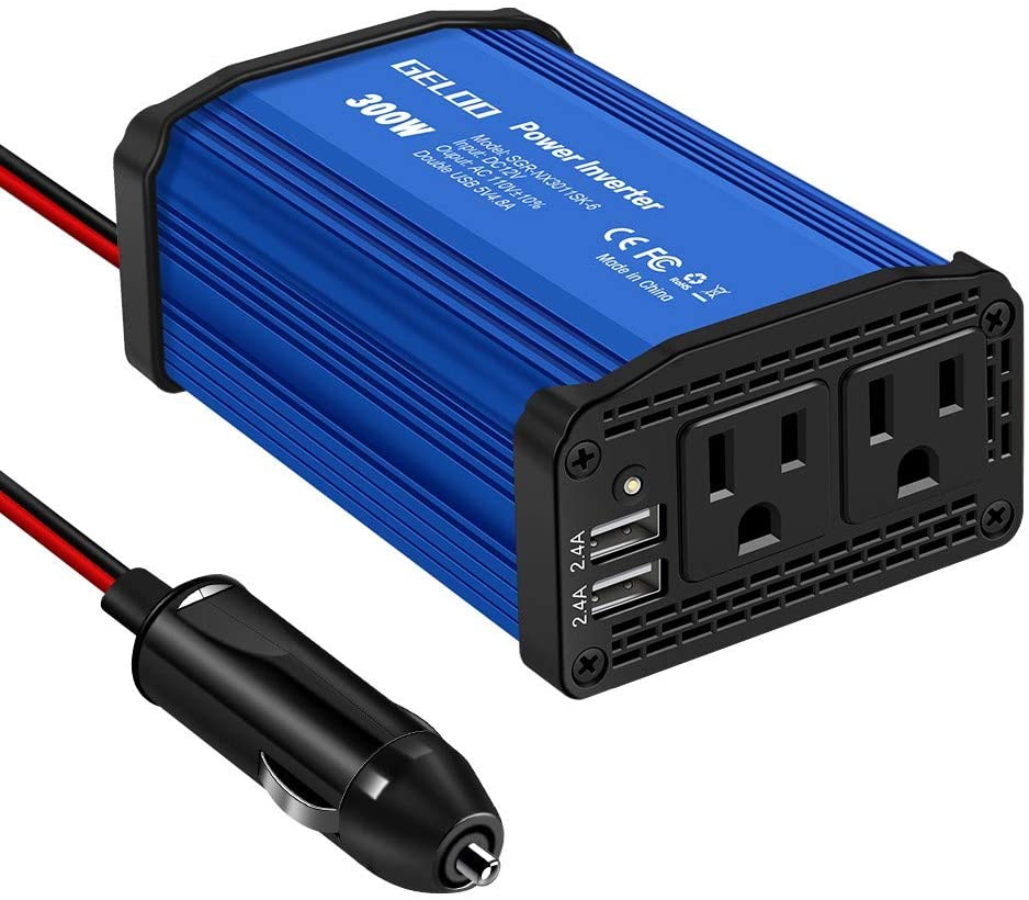Geloo 300W Power Inverter DC 12V to 110V AC Car Charger Converter with 4.8A Dual USB Ports (Blue)