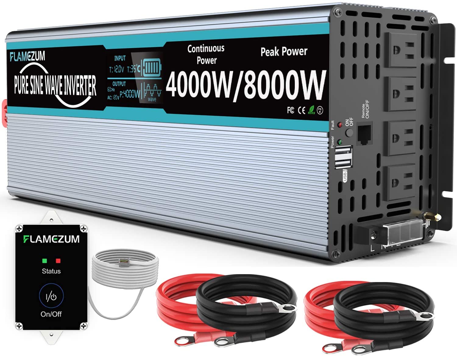 Flamezum Pure Sine Wave Power Inverter 4000watt 12v Dc To Ac 110v 120v