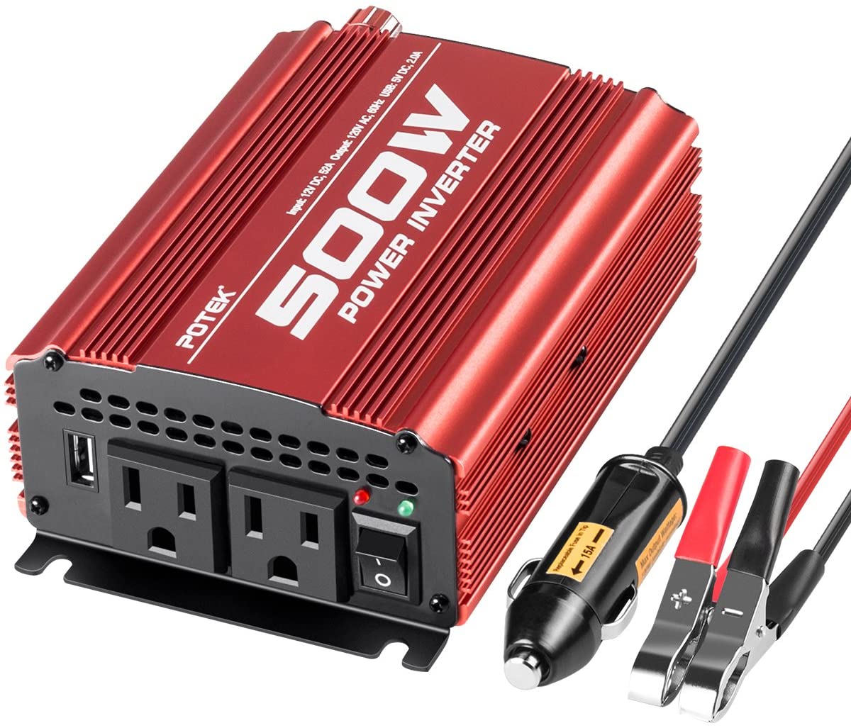 POTEK 500W Car Power Inverter DC 12V to AC 110V with 2AC outlets and 2A