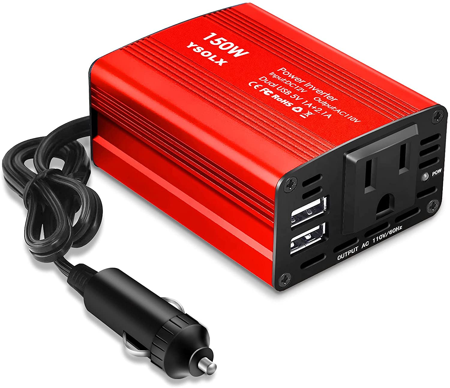 BuyWhat BW-150 150W Car Power Inverter DC 12V to 110V AC Outlet Converter 3.1A Dual USB Car Charger Adapter(Red)
