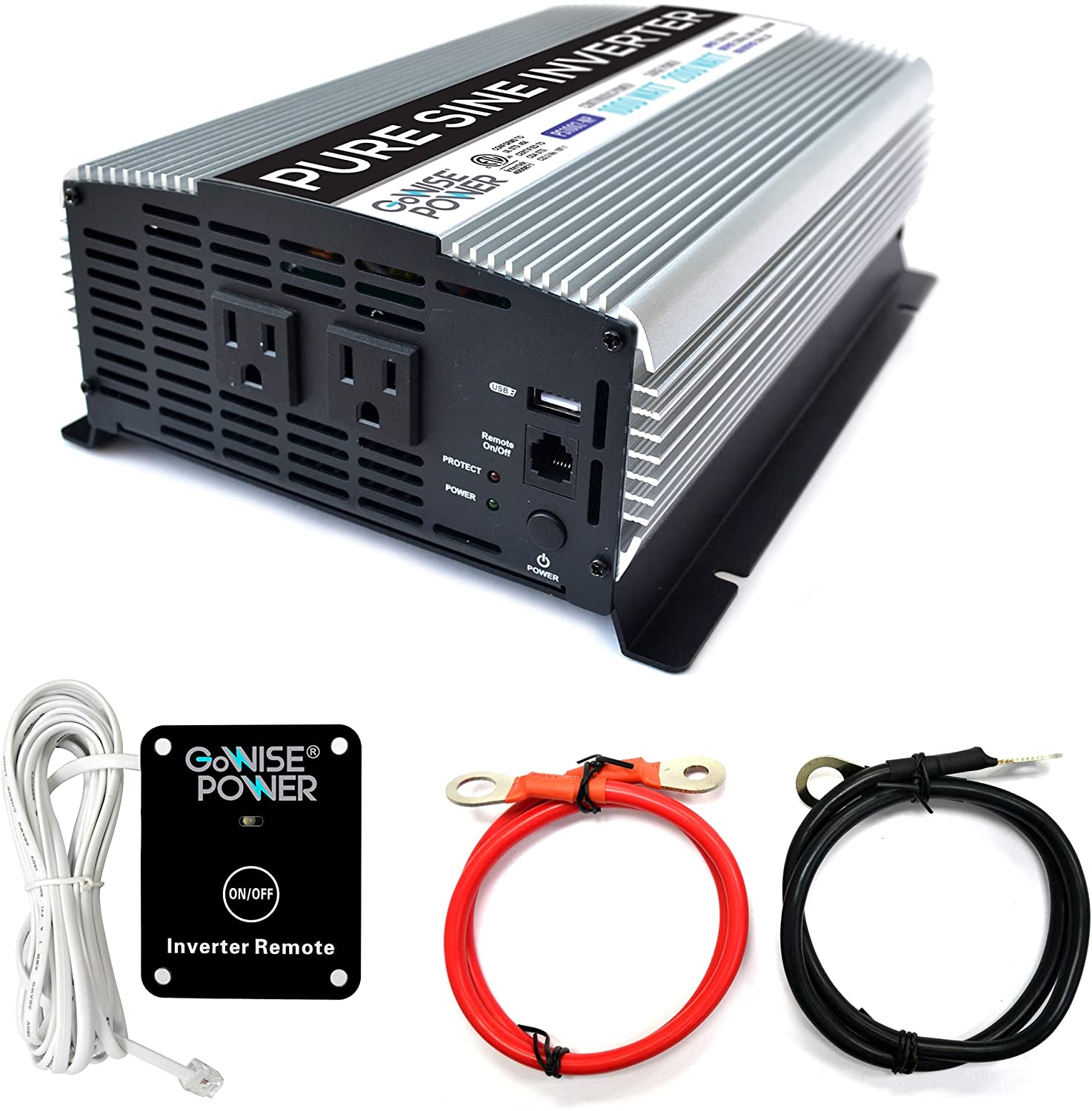 GoWISE Power 1000W Pure Sine Wave Inverter 12V DC to 120V AC with 2 AC Outlets + 1 5V USB Port, 2 Battery Cables, and Remote Switch (2000W Peak) PS1002, Updated Model, Grey, Standard