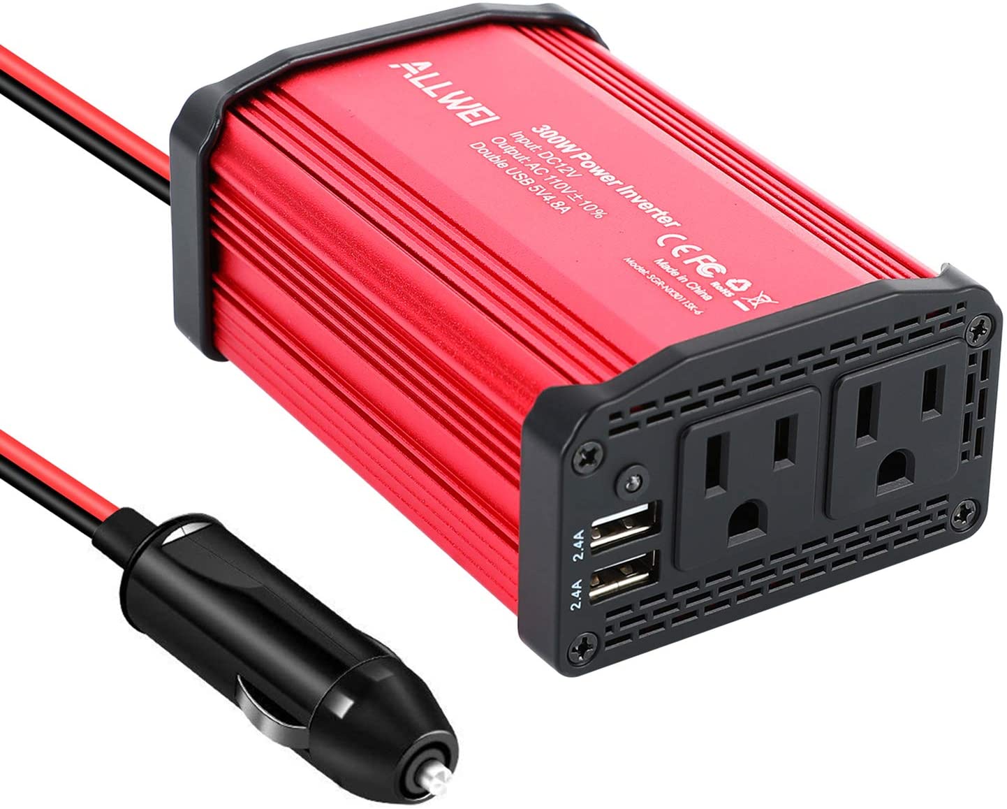 Allwei 300W Car Power Inverter DC 12V to 110V AC Converter 4.8A Dual USB Charging Ports Car Charger Adapter (Red)