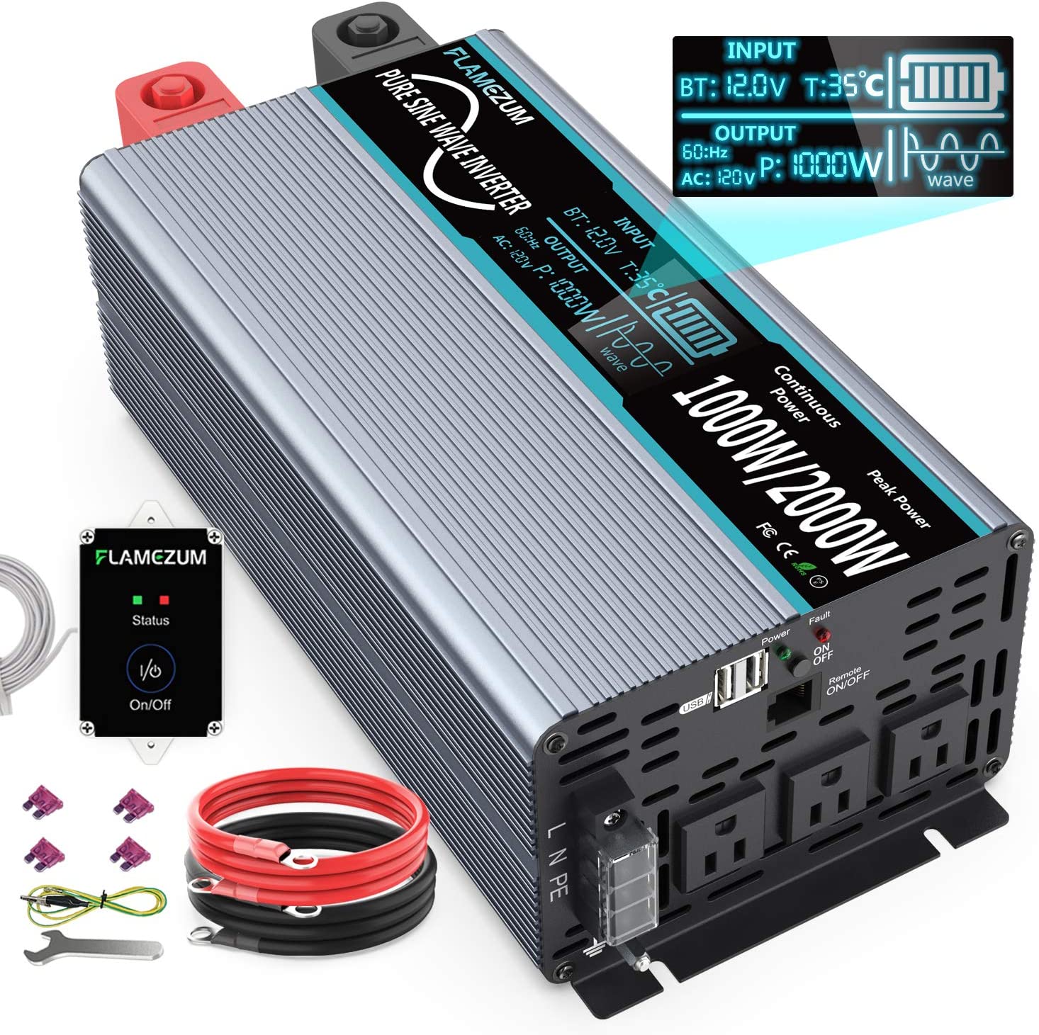 FLAMEZUM 1000W Continuous/2000W Peak Pure Sine Wave Inverter DC 12V to AC 110V Car Power Inverter with Remote Control 3 AC Outlets & 2A USB Output