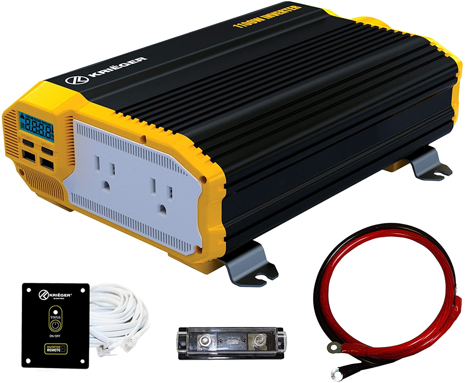 KRIEGER 1100 Watt 12V Power Inverter Dual 110V AC Outlets, Installation Kit Included, Automotive Back Up Power Supply For Blenders, Vacuums, Power Tools MET Approved According to UL and CSA.