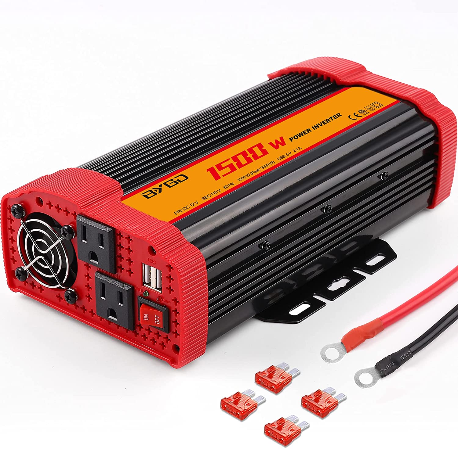 BYGD 1500W Power Inverter DC 12V to 110V AC Converter and Peak Power 3000W Car Inverter with 2 x 2.1A USB Ports Quick Charging Car Charger, Solar Inverter ETL Listed