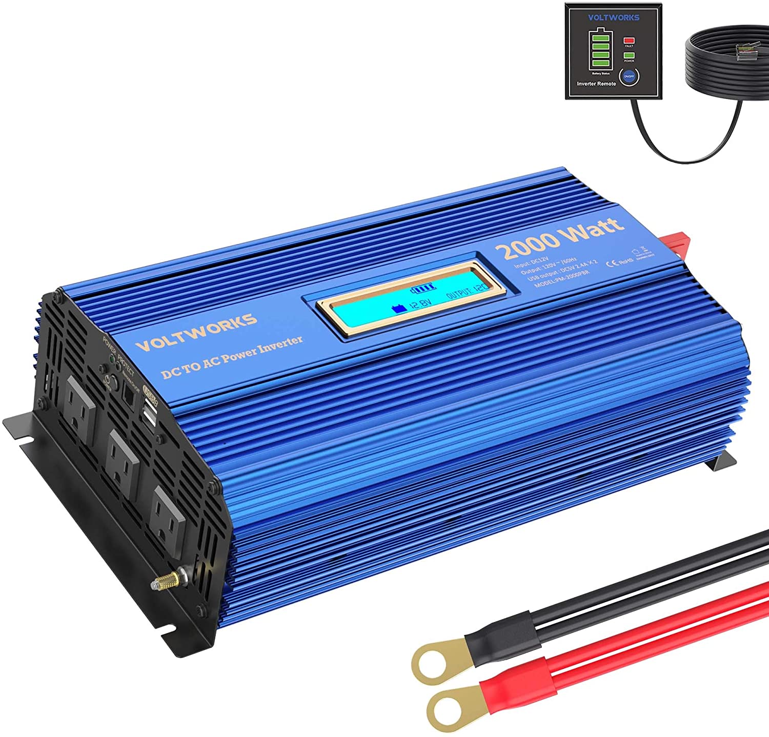 Power Inverter 2000w DC 12V to AC 120V Modified Sine Wave Inverter with LCD Display Remote Control 3AC Outlets Dual 2.4A USB Ports for Car RV Truck Boat by VOLTWORKS