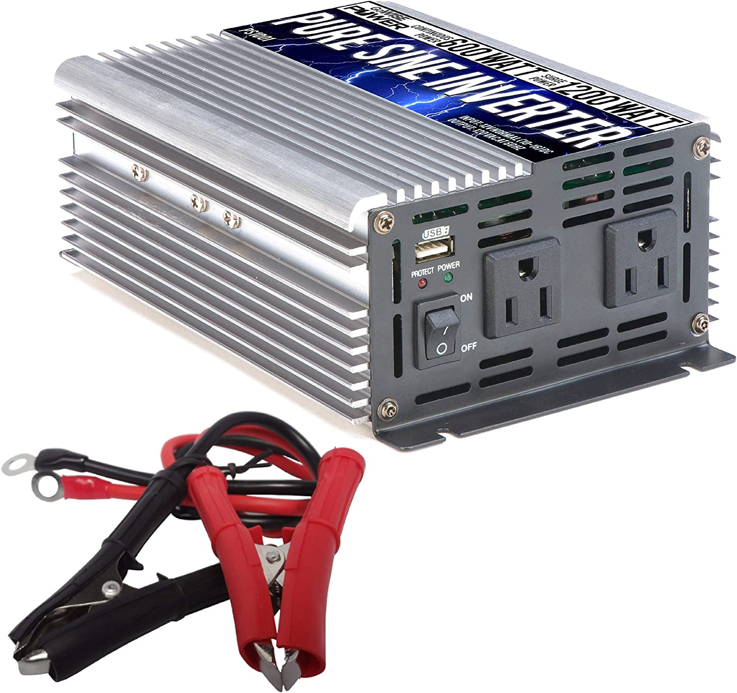 GoWISE Power 600W Pure Sine Wave Inverter 12V DC to 120V AC with 2 AC Outlets + 1 5V USB Port and 2 Clamp Cables (1200W Peak) PS1001