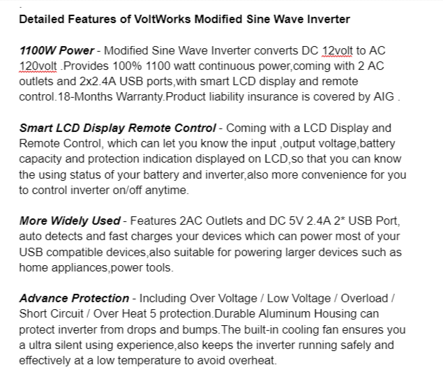 Key Features Explanations of VoltWorks 12V Power Inverter