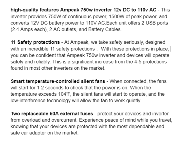 Product Information by the Manufacturer on Ampeak 750W Power Inverter