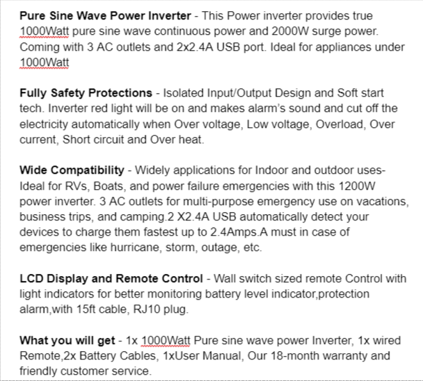 Product Description on FlameZum 1000-Watt Power Inverter