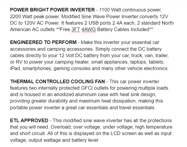 Product Description on 1100 Watts Power Inverter