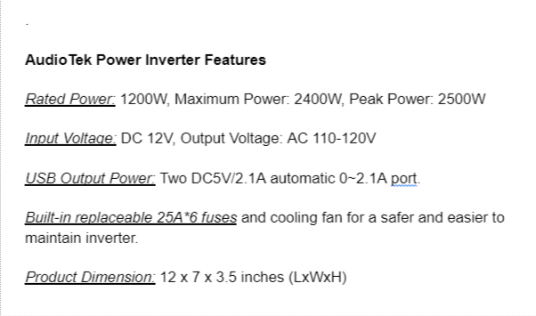 audiotek power inverter descriptions