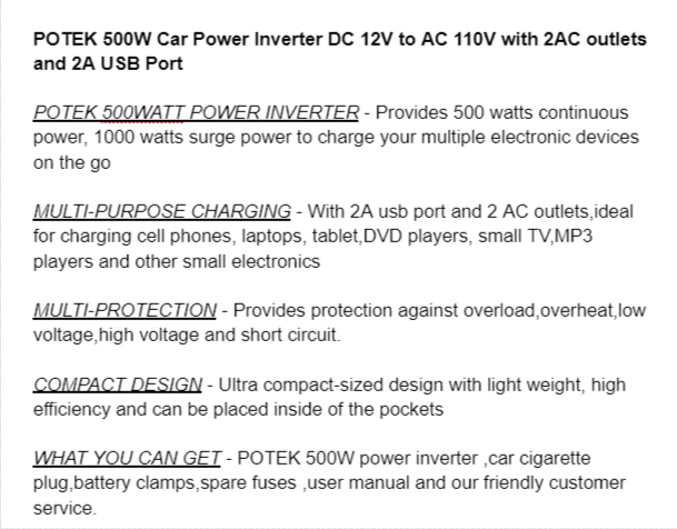 features of potek 500-watt power inverter