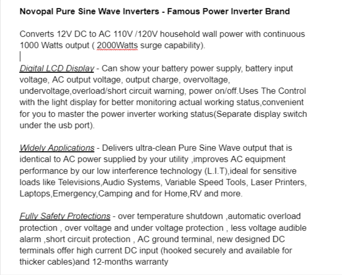 novopal 1000w power inverter description and features