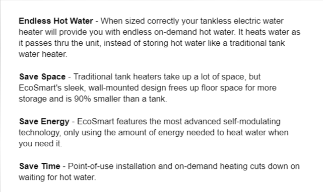 Product Description on EcoSmart Water Heater - Tankless