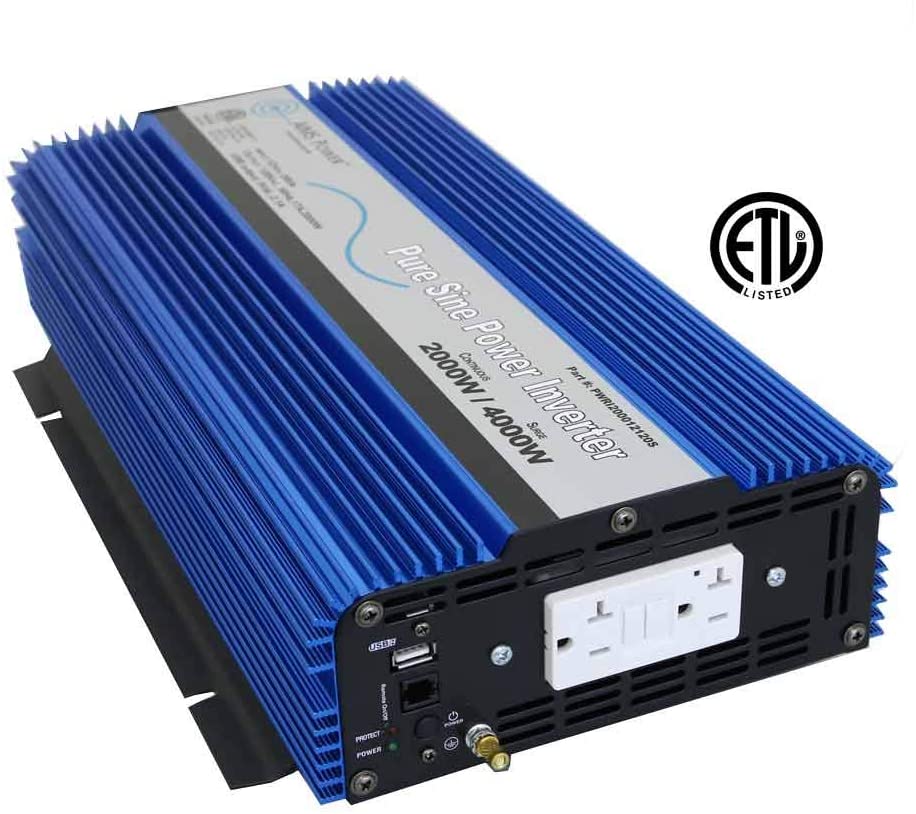 AIMS Power 2000 Watt, 4000 Watt Peak, Pure Sine DC to AC Power Inverter, USB Port, 2 Year Warranty, Optional Remote, Listed to UL 458