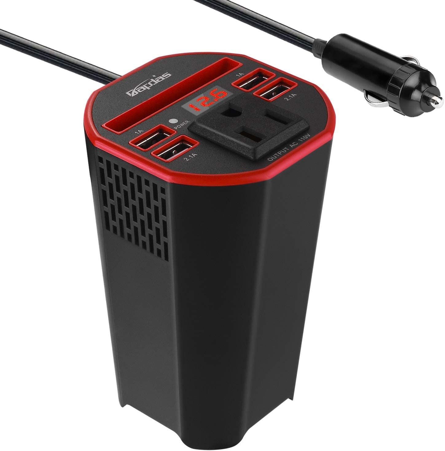 Bapdas 150W Car Cup Power Inverter DC 12V to 110V AC Converter with 1 AC Outlet and 4 USB Ports for Tablets, Laptops and Smartphones-Red