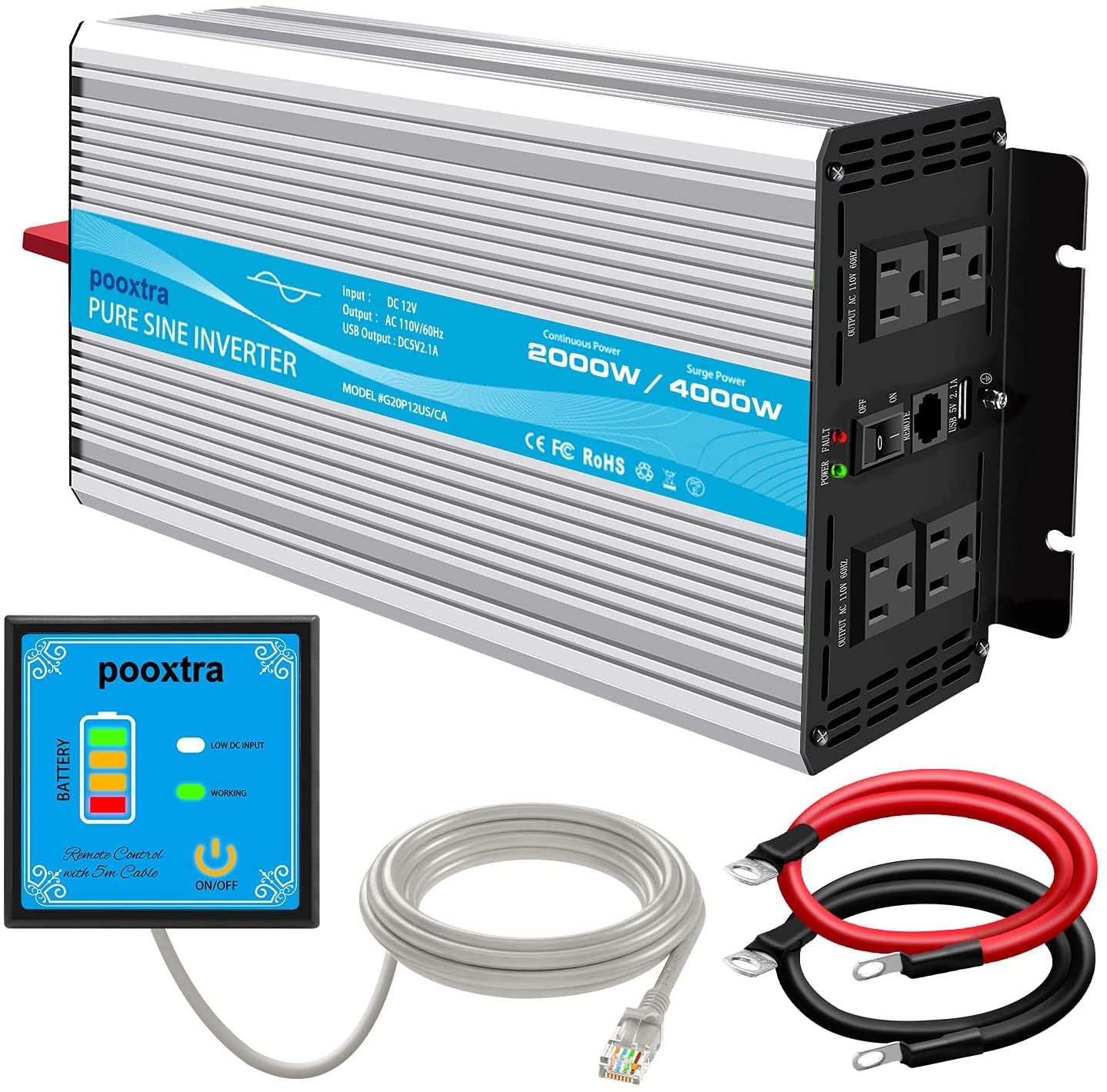 Pooxtra 2000 watt Pure Sine Wave Inverter DC 12V to 110V Power Inverter with 4 AC Outlets ,2.1A USB Ports and 16.4ft Remote Control