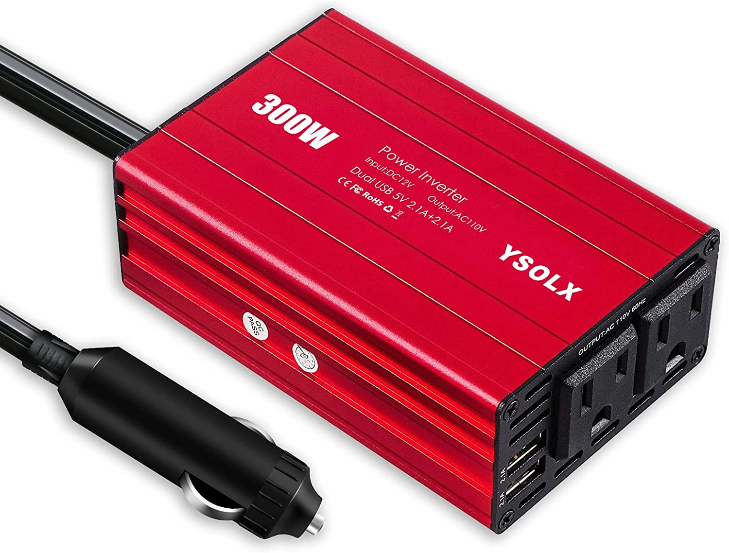 YSOLX Power Inverter, 300W Car Plug Adapter Outlet, Dc 12v to 110v Ac Converter with 4.2A Dual USB Car Charger for Laptop, Computer, and More