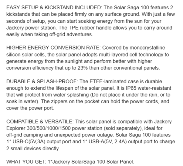 Product Description of Jackery SolarSaga Solar Panel