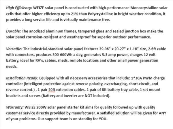 WEIZE 200Watt Solar Panel Is Described