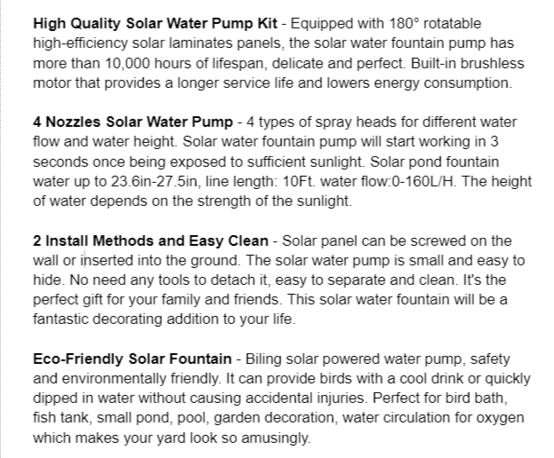 Biling solar powered water pump for bird bath - product description