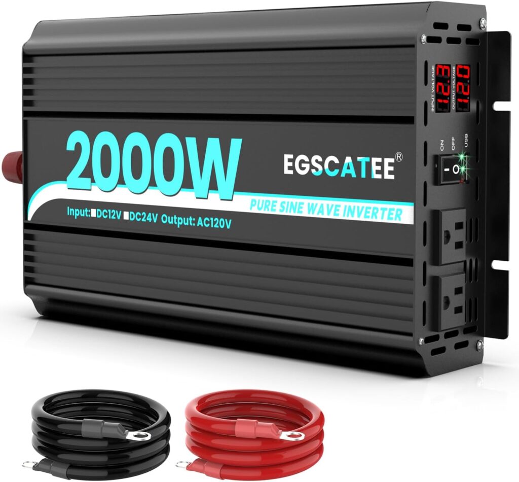 EGSCATEE 2000W Pure Sine Wave Power Inverter 12V DC to 110-120V AC Converter for Car, Truck, Home, Vehicles,Boat, Car Charger Adapter 12V to 110V with Built-in 2 AC Outlets, USB Ports, LCD Display