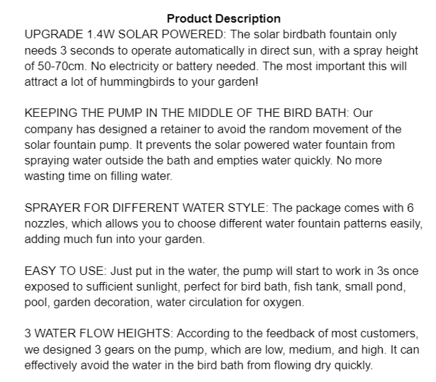 Product Description - GAIZERL Solar Bird Bath Fountain Pump Review