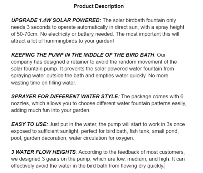 product description - Mademax Solar Bird Bath Fountain Pump Review - Water Fountain Pump for Bird Bath