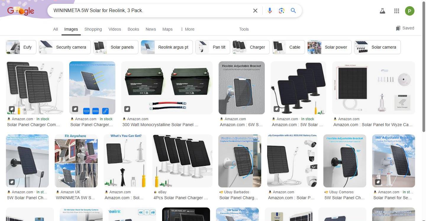 Google Image Search Results for 'WININMETA 5W Solar for Reolink, 3 Pack' Show a Variety of Solar Panels and Accessories