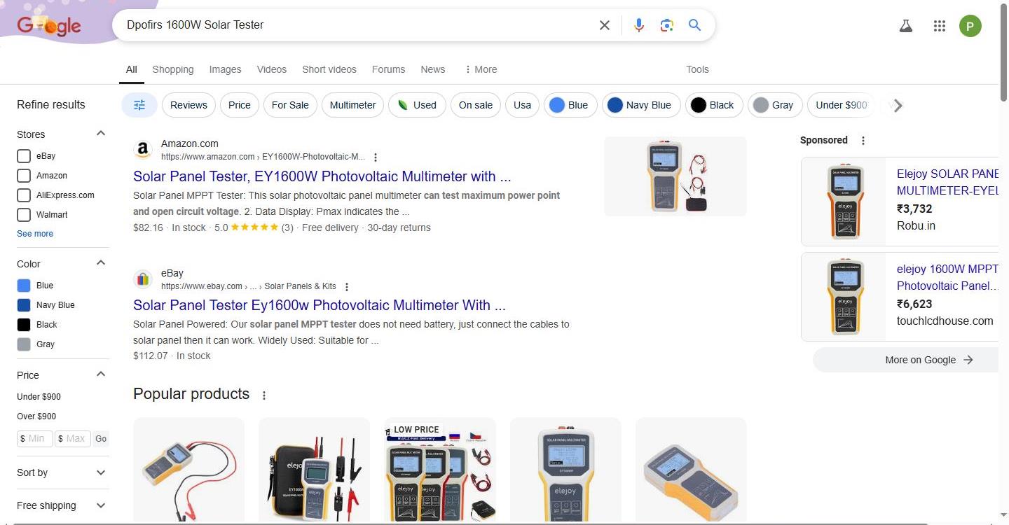 Google Search Results for a Solar Panel Tester