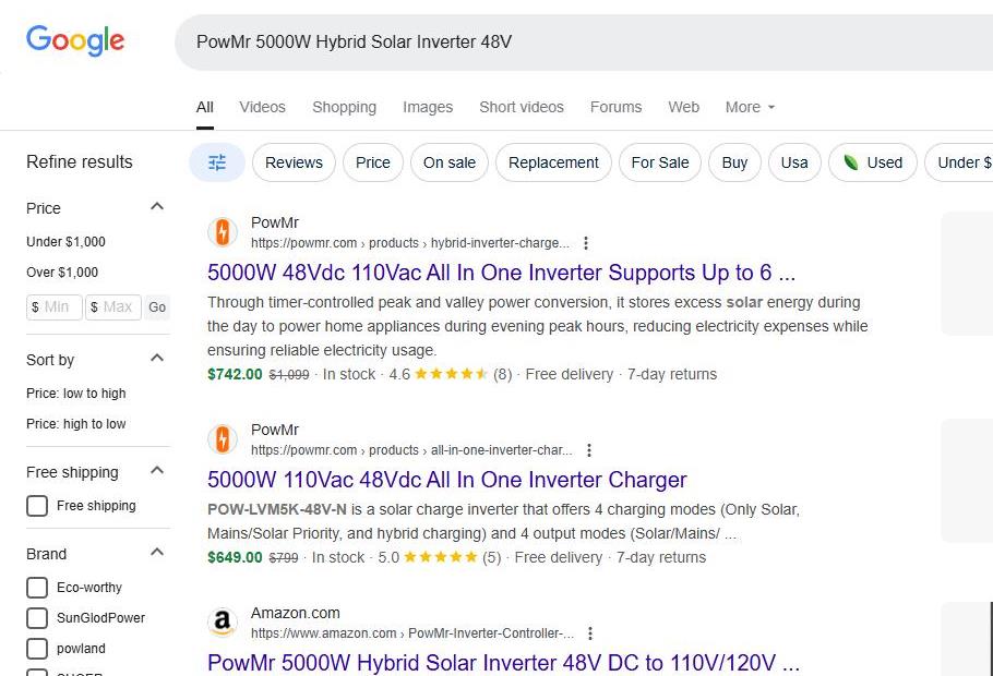 Google Search Results for PowMr 5000 watt 48 Volt Hybrid Inverter