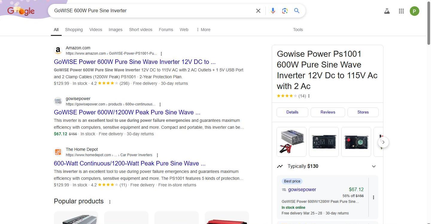 Google Search Results for GoWISE 600W Pure Sine Inverter