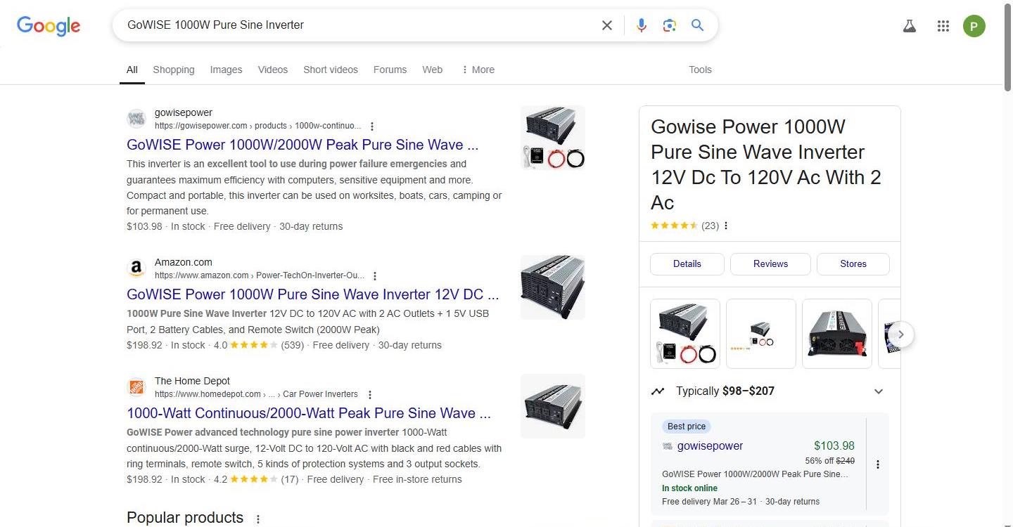 GoWISE 12V to 120V Inverter: Online Search Results