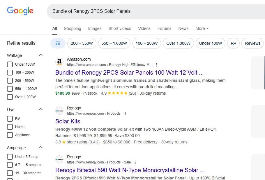Google Search Results for Renogy 2PCS Solar Panels