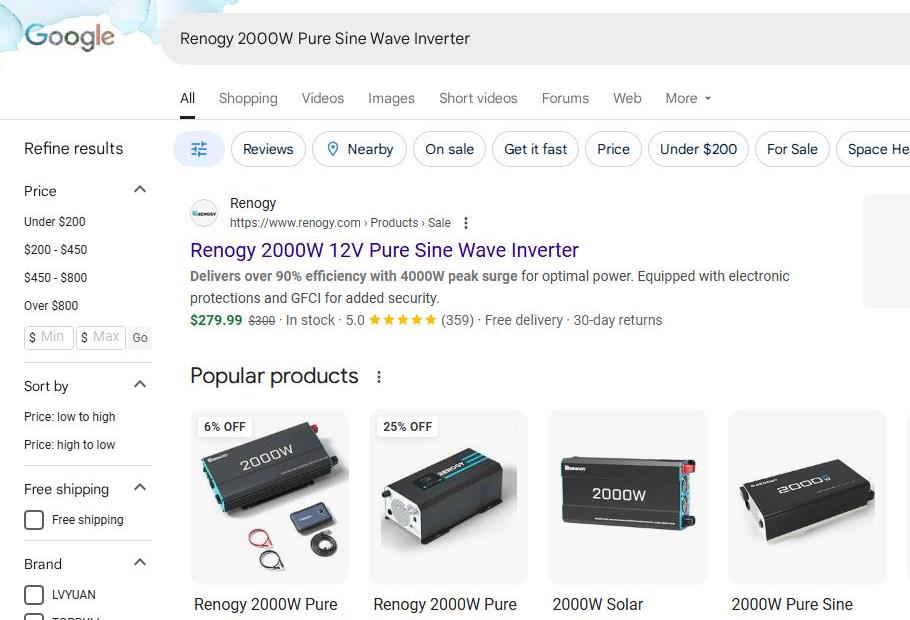 Renogy 2000 watt Inverter Listed on Google Shopping