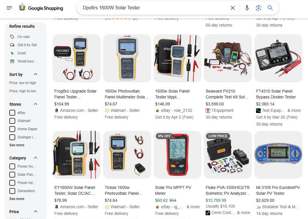 Google Shopping Results for Solar Panel Testers