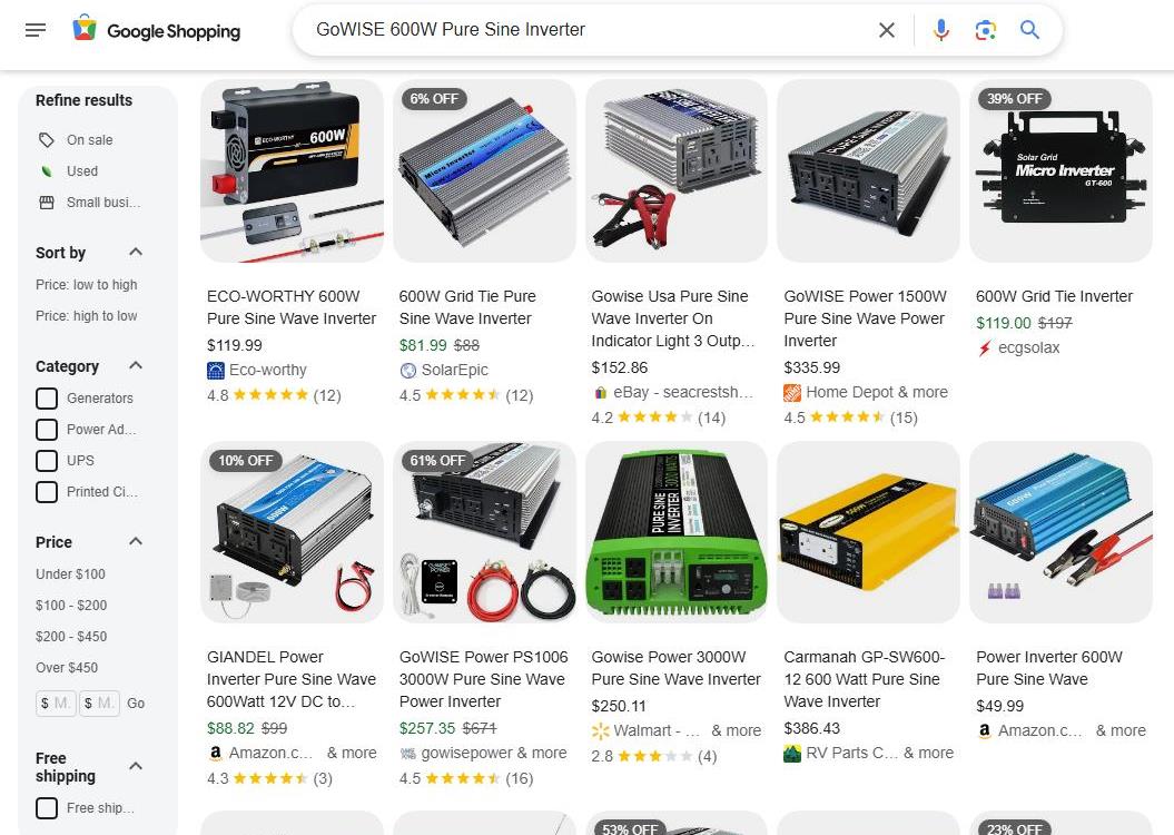 Google Shopping Results for GoWISE 600W Pure Sine Inverter