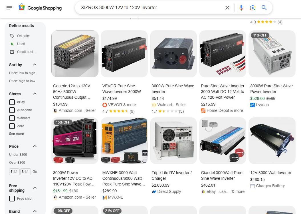 Google Shopping Results for a 12V Power Inverter