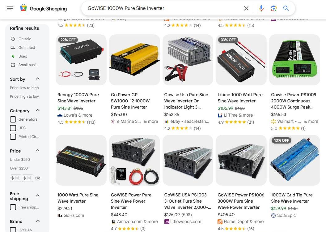 Google Shopping Results for GoWise 1000W Pure Sine Inverter