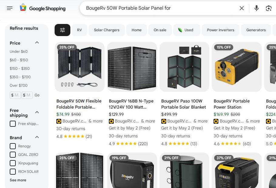 Google Shopping Search Results for BougeRV Portable Solar Products