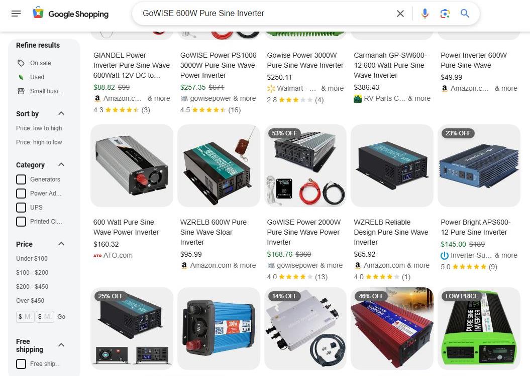 Google Shopping Results for GoWise 600W Pure Sine Inverter