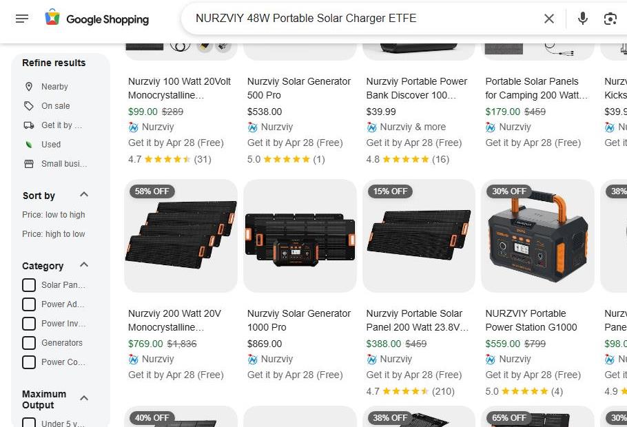 Google Shopping Search Results for Nurzviy Solar Generators and Chargers
