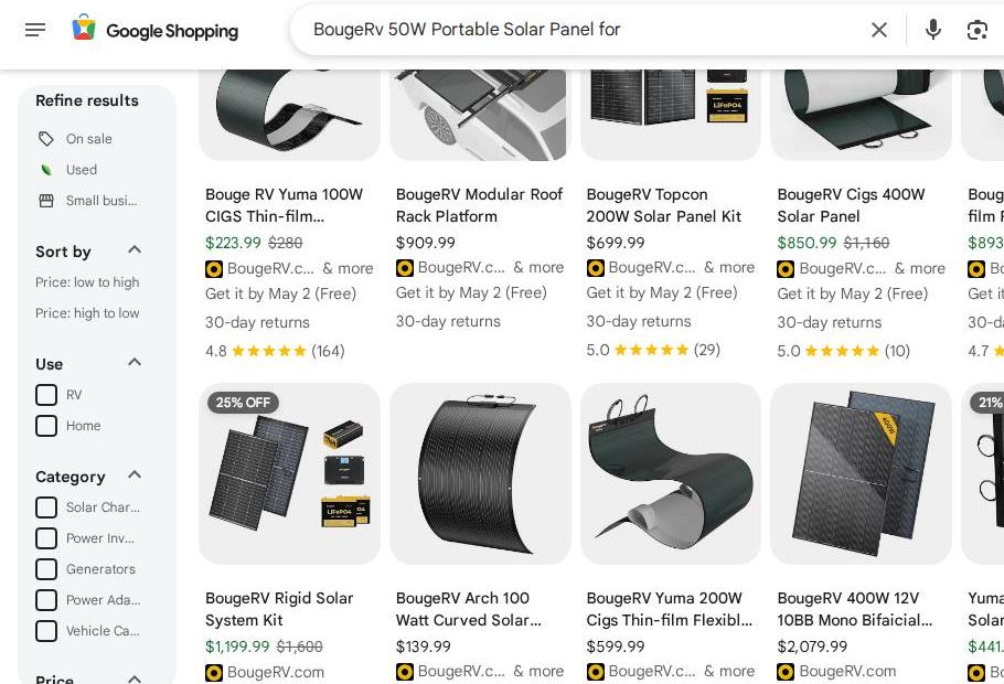 Google Shopping Search Results for Solar Panels