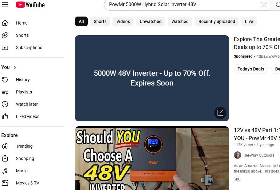 PowMr 5000 watt 48 Volt Inverter Advertised on YouTube